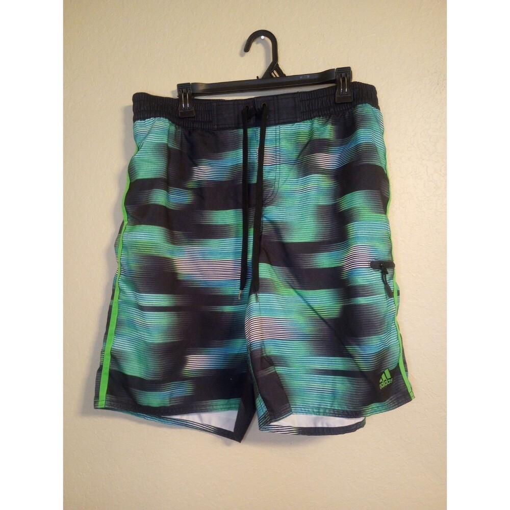 Mens Adidas Swim Shorts Size XL Green Blue Black White Drawstring Mesh Lined